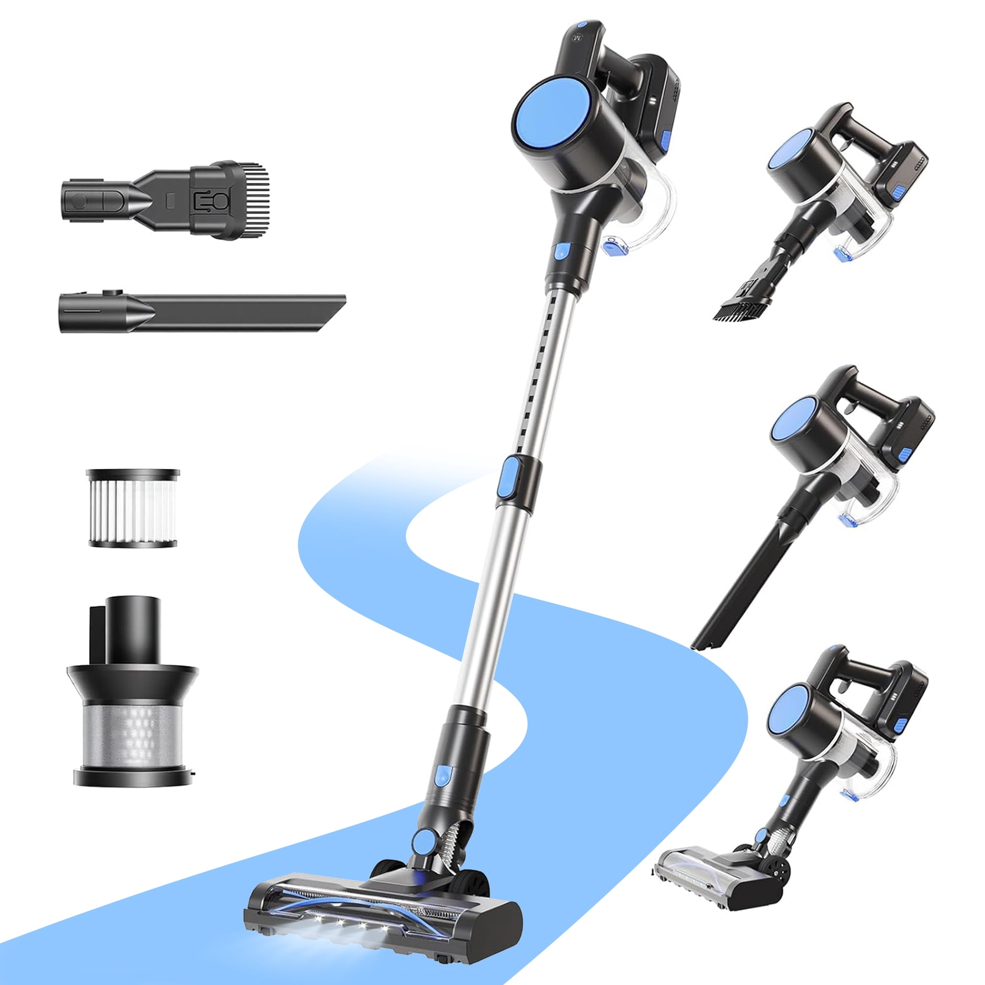 Atilioo Cordless Vacuum Cleaner for Home, Removable Handheld Lightweight Stick Vacuum with LED Headlights for Pet Hair, Hard Floor, Carpet, Silver