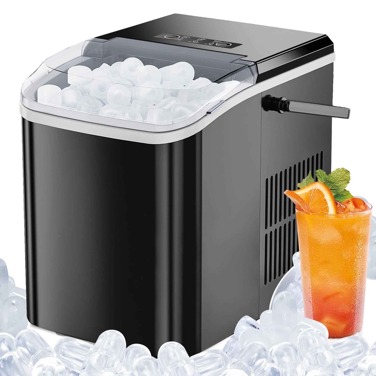 Atilioo Countertop Ice Maker with Handle, Ice in 6Mins, 26 Lbs/24H, 2 Sizes Bullet, Portable Ice Maker Machine with Self-Cleaning for Home/Bar/Camping/RV, Black