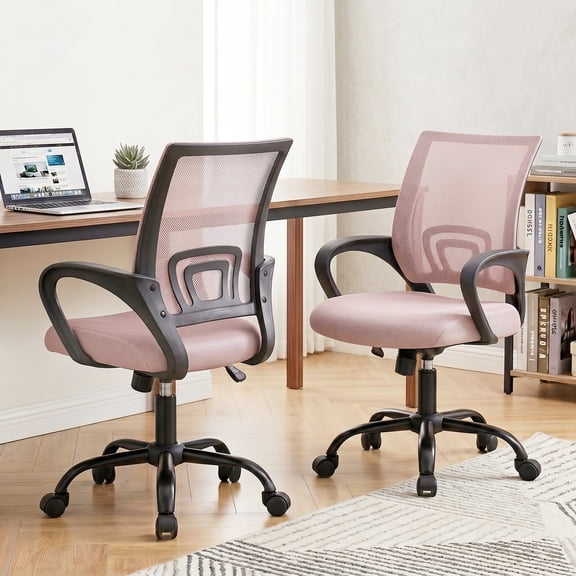 Atilioo Ergonomic Office Chair Set of 2, Computer Desk Mesh Chair with Lumbar Support, Height Adjustable 360° Swivel, Fixed Armrest, Pink