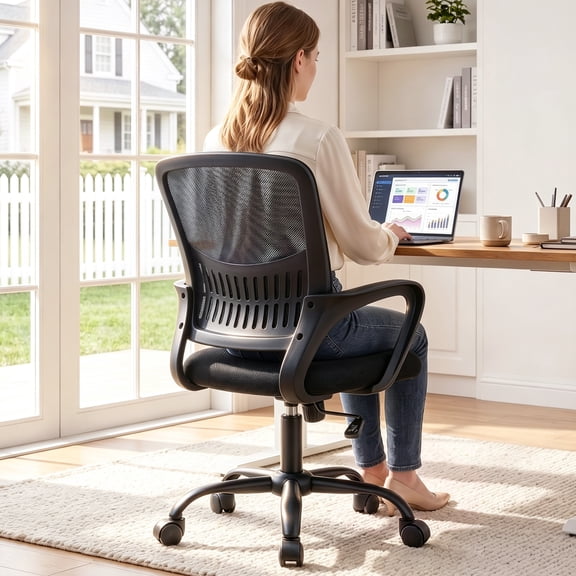 Atilioo Ergonomic Office Chair with Lumbar Support, Adjustable Mesh Computer Desk Chair Mid Back Swivel with Armrests, Black