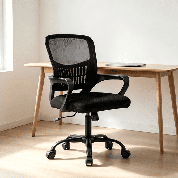 Atilioo Ergonomic Office Chair with Lumbar Support, Adjustable Mesh Computer Desk Chair Mid Back Swivel with Armrests, Black