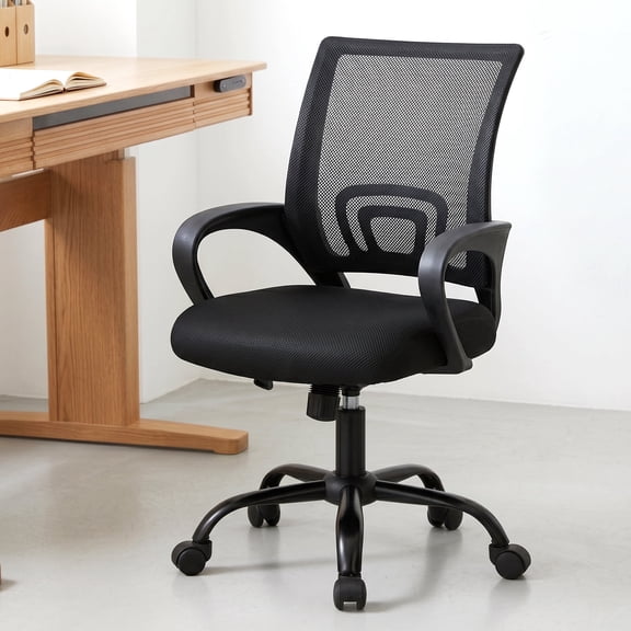 Atilioo Ergonomic Office Chair with Lumbar Support, Computer Desk Mesh Chair with Height Adjustable 360° Swivel, Fixed Armrest, Black