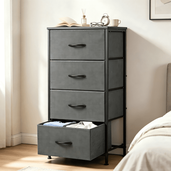 Atilioo Fabric Dresser Nightstand with 4 Drawer for Bedroom, Storage Organizer Unit, Chest of Drawers for Small Spaces, Gray