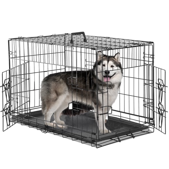 Atilioo Folding Pet Kennel, Double Door Metal Wire Dog Crate with Divider Panel, Leak-Proof Pan Tray, 48 inch