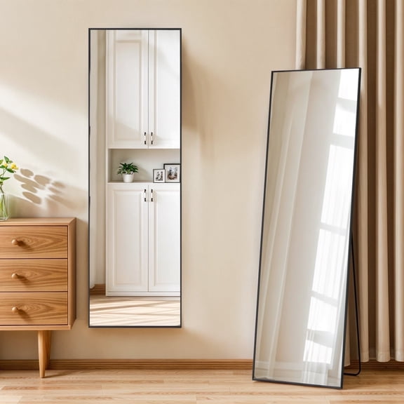 Atilioo Full Length Mirror 59"x16" - Rectangular Floor Mirror with Shatter-Proof Glass, Wall-Mount or Leaning Full Body Mirror for Bedroom, Dressing Room - Durable Black Aluminum Frame