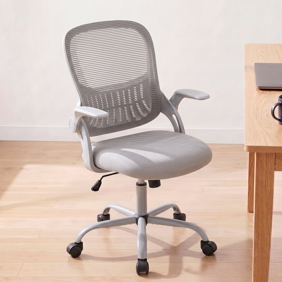 Atilioo Home Office Chair, Ergonomic Computer Desk Mesh Chair with Lumbar Support, Adjustable Swivel Mid-Back Chair with Flip-up Arms, Gray