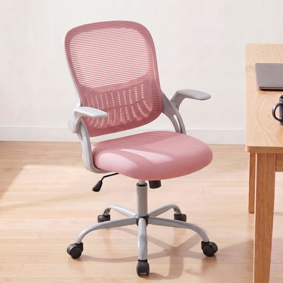 Atilioo Home Office Chair, Ergonomic Computer Desk Mesh Chair with Lumbar Support, Adjustable Swivel Mid-Back Chair with Flip-up Arms, Pink