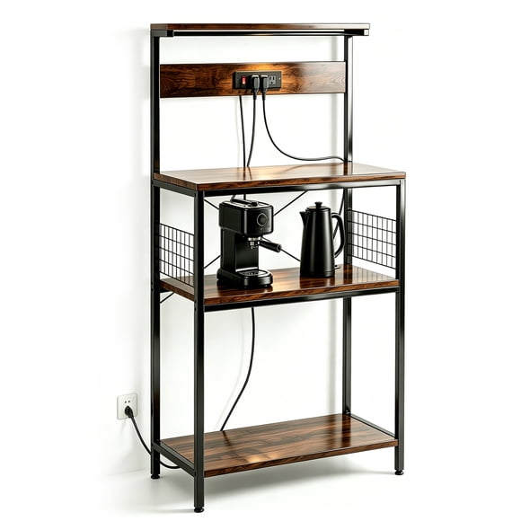 Atilioo Kitchen Bakers Rack with Power Outlet, 4 Tiers Coffee Bar Table, Oven Microwave Stand, Storage Shelf, Appliance Organizer, 23" Brown