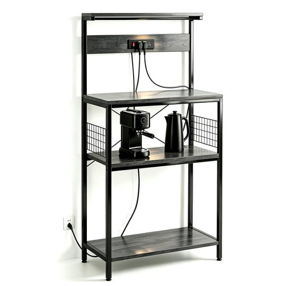 Atilioo Kitchen Bakers Rack with Power Outlet, 4 Tiers Coffee Bar Table, Oven Microwave Stand, Storage Shelf, Appliance Organizer, 23" Gray