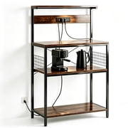 Atilioo Kitchen Bakers Rack with Power Outlet, 4 Tiers Coffee Bar Table, Oven Microwave Stand, Storage Shelf, Appliance Organizer, 31" Brown