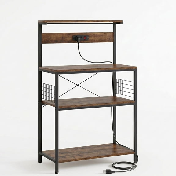 Atilioo Kitchen Bakers Rack with Power Outlet, 4 Tiers Coffee Bar Table, Oven Microwave Stand, Storage Shelf, Appliance Organizer, 31" Brown
