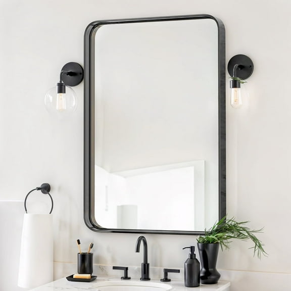 Atilioo Large Black Metal Framed Bathroom Mirror 24x36 Inch, Vanity Rounded Rectangular Mirrors for Wall Mounted, HD Reflection Mirror for Restroom, Farmhouse, Horizontally or Vertically