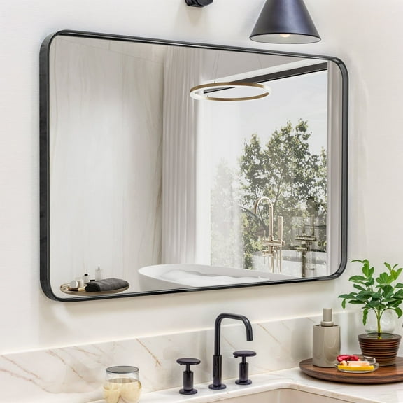 Atilioo Large Black Metal Framed Bathroom Mirror 30x40 Inch, Vanity Rounded Rectangular Mirrors for Wall Mounted, HD Reflection Mirror for Restroom, Farmhouse, Horizontally or Vertically