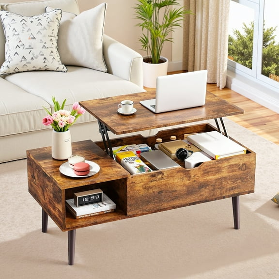 Atilioo Lift Top Coffee Table with Hidden Compartment and Storage Shelf, Rising Dining Center Table for Home Office, Brown