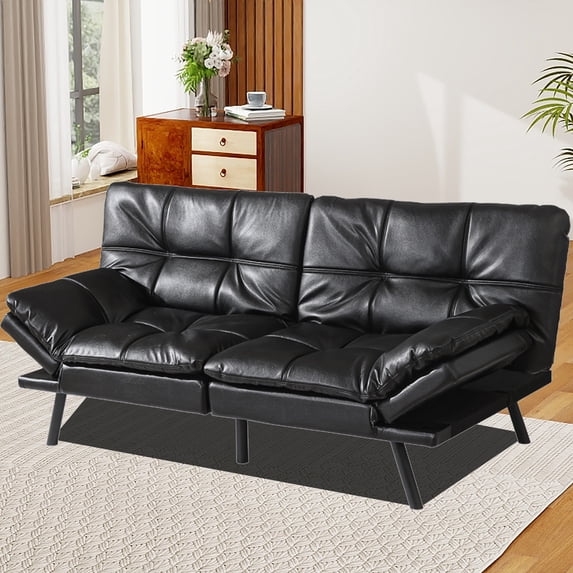 Atilioo Modern Hardwood Adjustable Armrests Convertible Futon Sofa Bed, Black