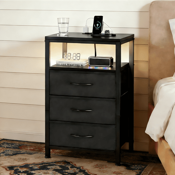 Atilioo Nightstand with Charging Station, LED Bedside Table Tall Dresser with 3 Fabric Drawers, USB/Type-C Ports and Outlets for Bedroom Living Room, Black
