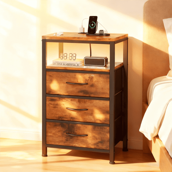 Atilioo Nightstand with Charging Station, LED Bedside Table Tall Dresser with 3 Fabric Drawers, USB/Type-C Ports and Outlets for Bedroom Living Room, Brown