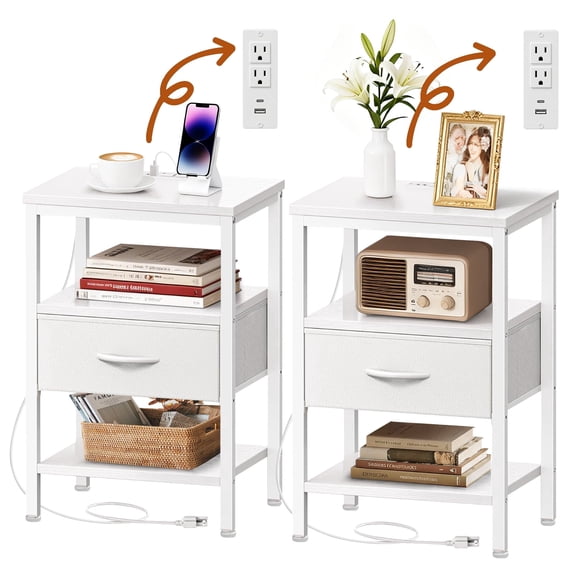 Atilioo Nightstand Set of 2 with Charging Station, Adjustable Fabric Drawer Bedside Table, 3-Tier Storage End Table for Living Room Bedroom, White