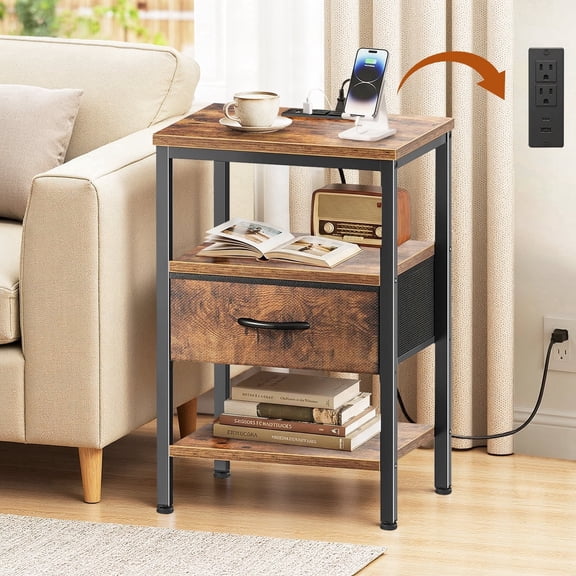 Atilioo Nightstand with Charging Station, Adjustable Fabric Drawer Bedside Table, 3-Tier Storage End Table for Living Room Bedroom, Brown