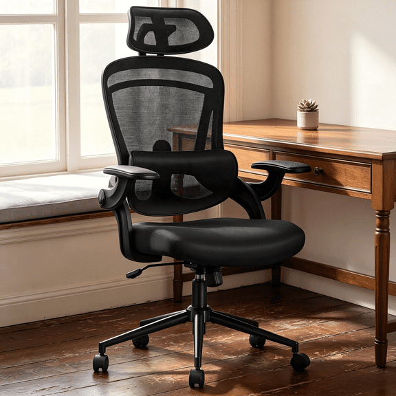 Atilioo Office Chair, Ergonomic Computer Desk Mesh Chair with Up&Down Lumbar Support, Headrest, Adjustable Swivel High-Back Chair with Flip-up Armrests, Black