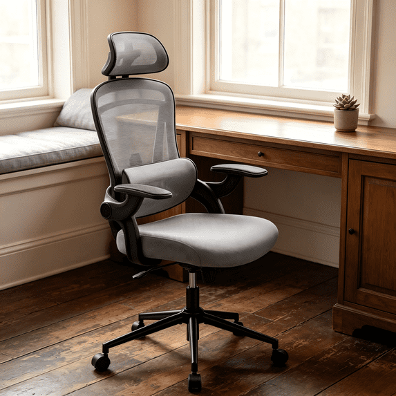 Atilioo Office Chair, Ergonomic Computer Desk Mesh Chair with Up&Down Lumbar Support, Headrest, Adjustable Swivel High-Back Chair with Flip-up Armrests, Gray
