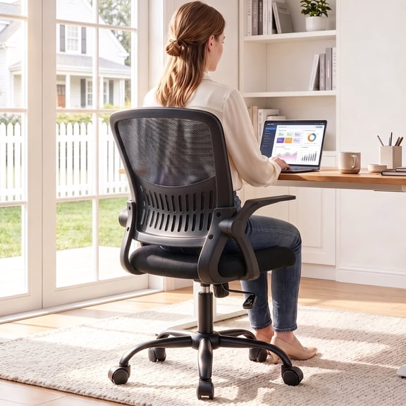 Atilioo Office Chair, Ergonomic Computer Mesh Desk Chair with Lumbar Support, Mid Back, Flip-up Armrest & 360° Swivel, Black