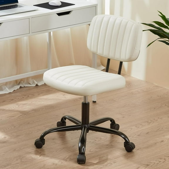 Atilioo Office Desk Chair, Armless Computer Chair with Wheels, PU Leather, Lumbar Support, 360° Rolling Swivel Task Chair for Home Office, White