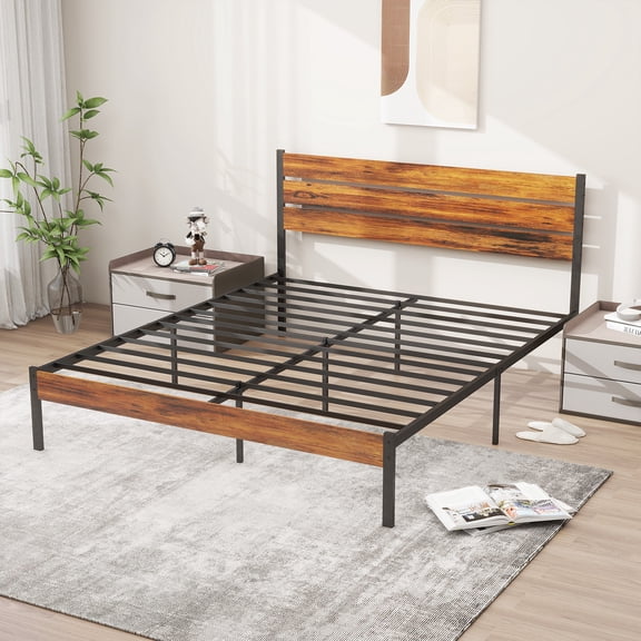 Atilioo Queen Bed Frame with Headboard, Metal Mattress Foundation Headboard, No Box Spring Needed, Noise-Free, Brown