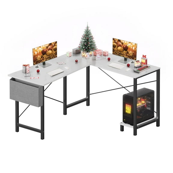 Atilioo Reversible L Shaped Desk, 50 Inch Corner Computer Desk for Small Space, Home Office Study Table with CPU Stand and Storage Bag, White