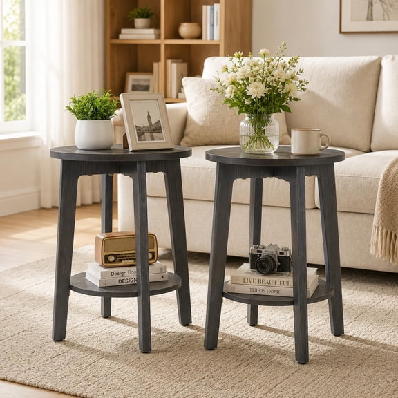 Atilioo Round End Table Set of 2, 2-Tier Small Side Table with Lower Storage Shelf, Solid Wood Legs for Sofa, Living Room, Bedroom, Gray