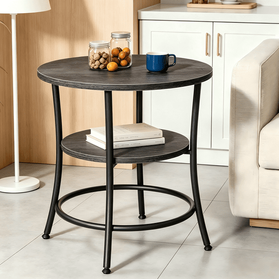 Atilioo Round Side Table, 2-Tier Sturdy End Table, Nightstand with Steel Frame for Small Space, Black