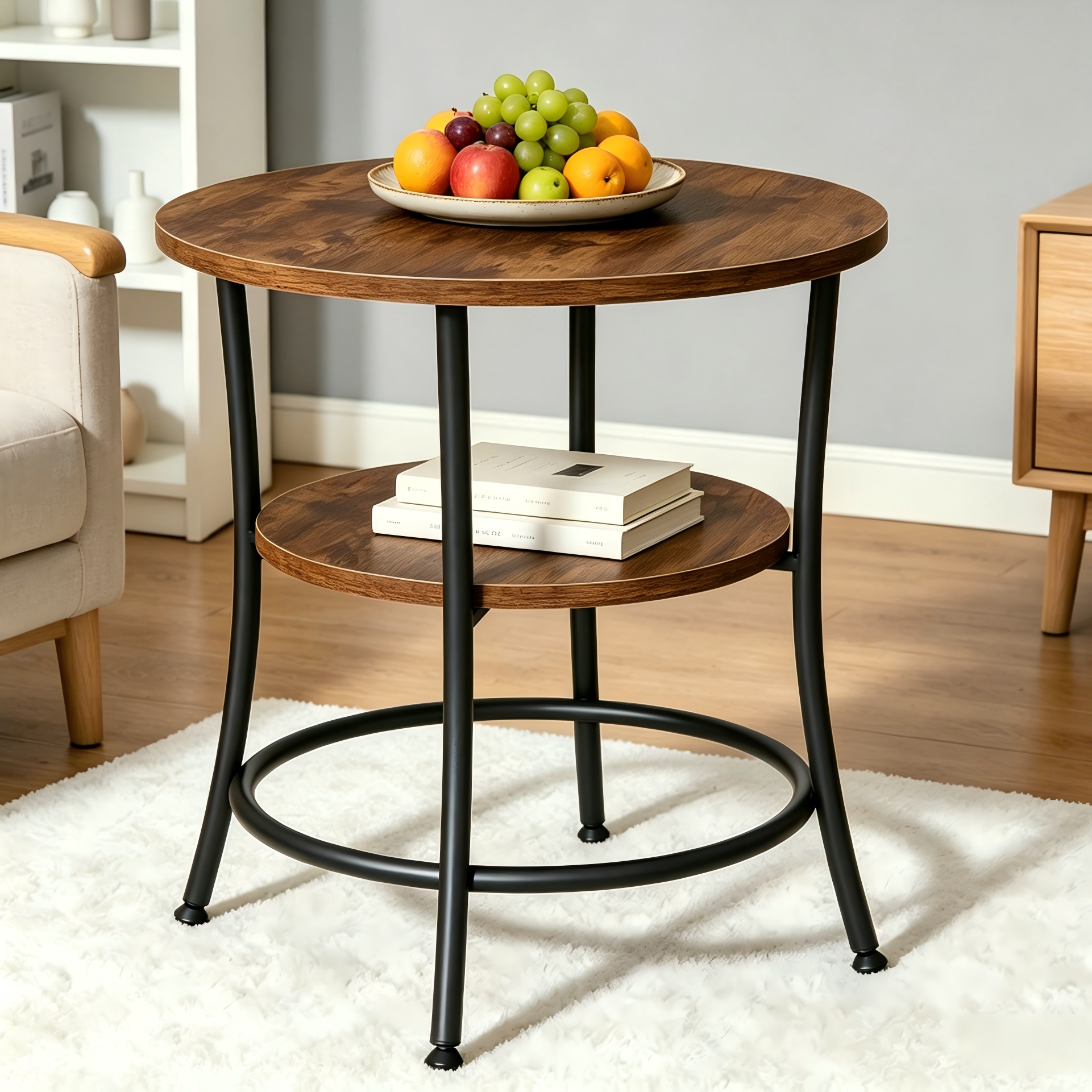 Atilioo Round Side Table, 2-Tier Sturdy End Table, Nightstand with Steel Frame for Small Space, Brown