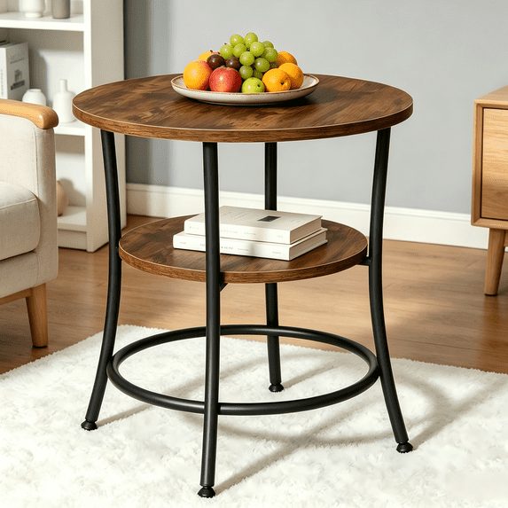 Atilioo Round Side Table, 2-Tier Sturdy End Table, Nightstand with Steel Frame for Small Space, Brown