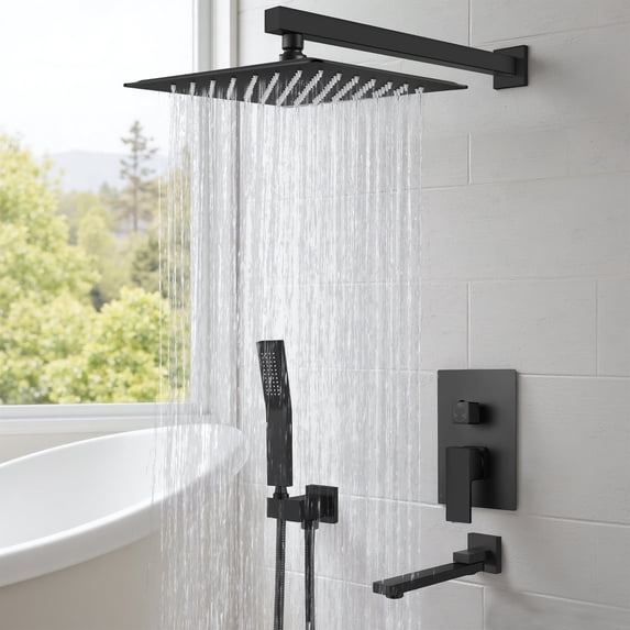 Atilioo Shower Faucet Set, 10" High Pressure Rain Shower Head with Handheld Spray, Wall Mounted, Adjustable Temperature, Rough-in Valve Body and Trim Kit