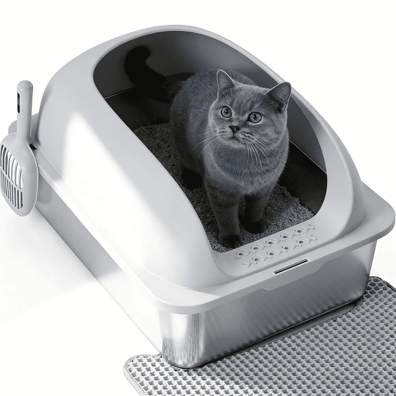 Atilioo Stainless Steel Cat Litter Box with Lid, Metal Litter Pan High Sided, Anti-Urine Leakage, Easy Clean, Never Absorbs Odors, Include Scoop & Mat, Light Gray
