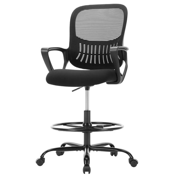 Atilioo Tall Drafting Desk Chair, Ergonomic Mid Back Mesh Swivel Office Chair with Lumbar Support, Armrest and Footrest, Counter Height Adjustable, Black