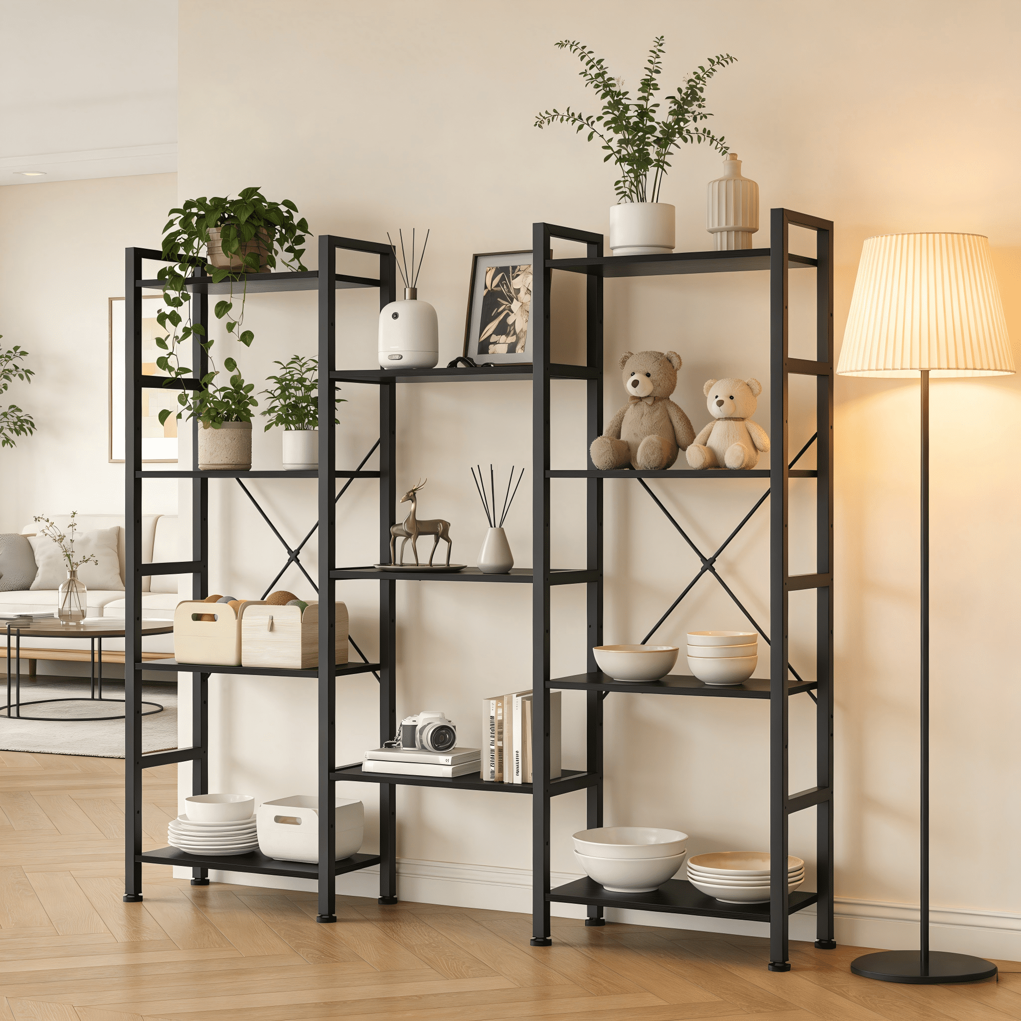 Atilioo Triple Bookshelf, 4-Tier Wide Bookcase with 11 Open Tall Display Shelves, Modern Industrial Book Shelves for Living Room Home Office, Black