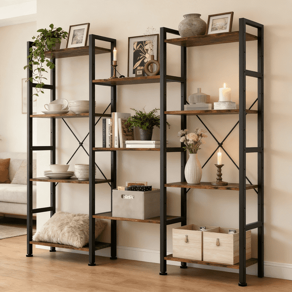 Atilioo Triple Bookshelf, 4-Tier Wide Bookcase with 11 Open Tall Display Shelves, Modern Industrial Book Shelves for Living Room Home Office, Brown