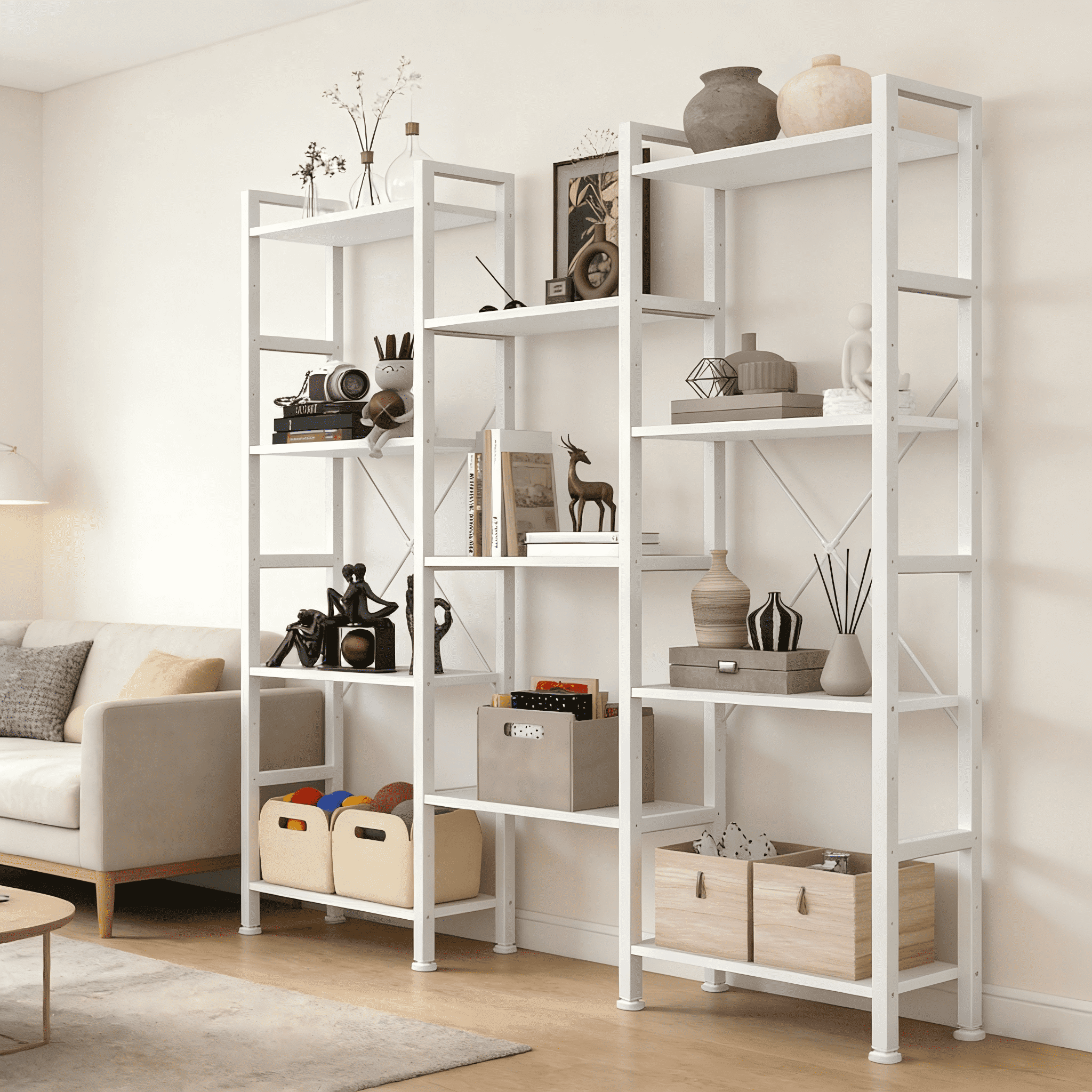 Atilioo Triple Bookshelf, 4-Tier Wide Bookcase with 11 Open Tall Display Shelves, Modern Industrial Book Shelves for Living Room Home Office, White