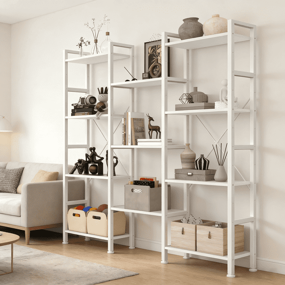 Atilioo Triple Bookshelf, 4-Tier Wide Bookcase with 11 Open Tall Display Shelves, Modern Industrial Book Shelves for Living Room Home Office, White