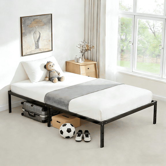 Atilioo Twin Metal Bed Frame, Heavy Duty Platform Support, Storage Space Under Frame, No Box Spring Needed, Easy Assembly, Black