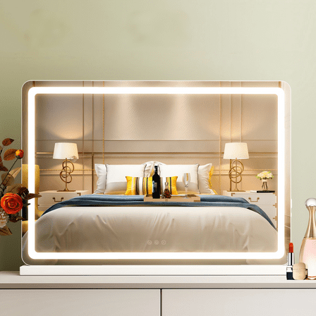 Atilioo Vanity Mirror with Lights, 19"x22" Hollywood Makeup Mirror with Stand, 3-Light-Mode, Smart Touch, Shatter-Proof, for Bedroom Tabletop