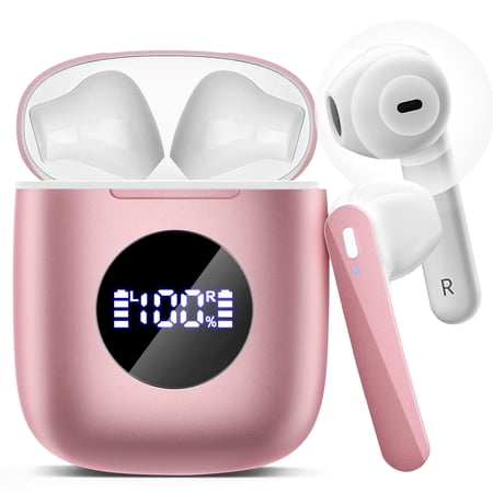 Atilioo Wireless Earbuds V5.3 Bluetooth Headphones with Deep Bass Stereo Power Display, 40H Playback with Charging Case, IP7 Waterproof in-Ear Earphones with Mic for TV Sport, Android iOS, Pink
