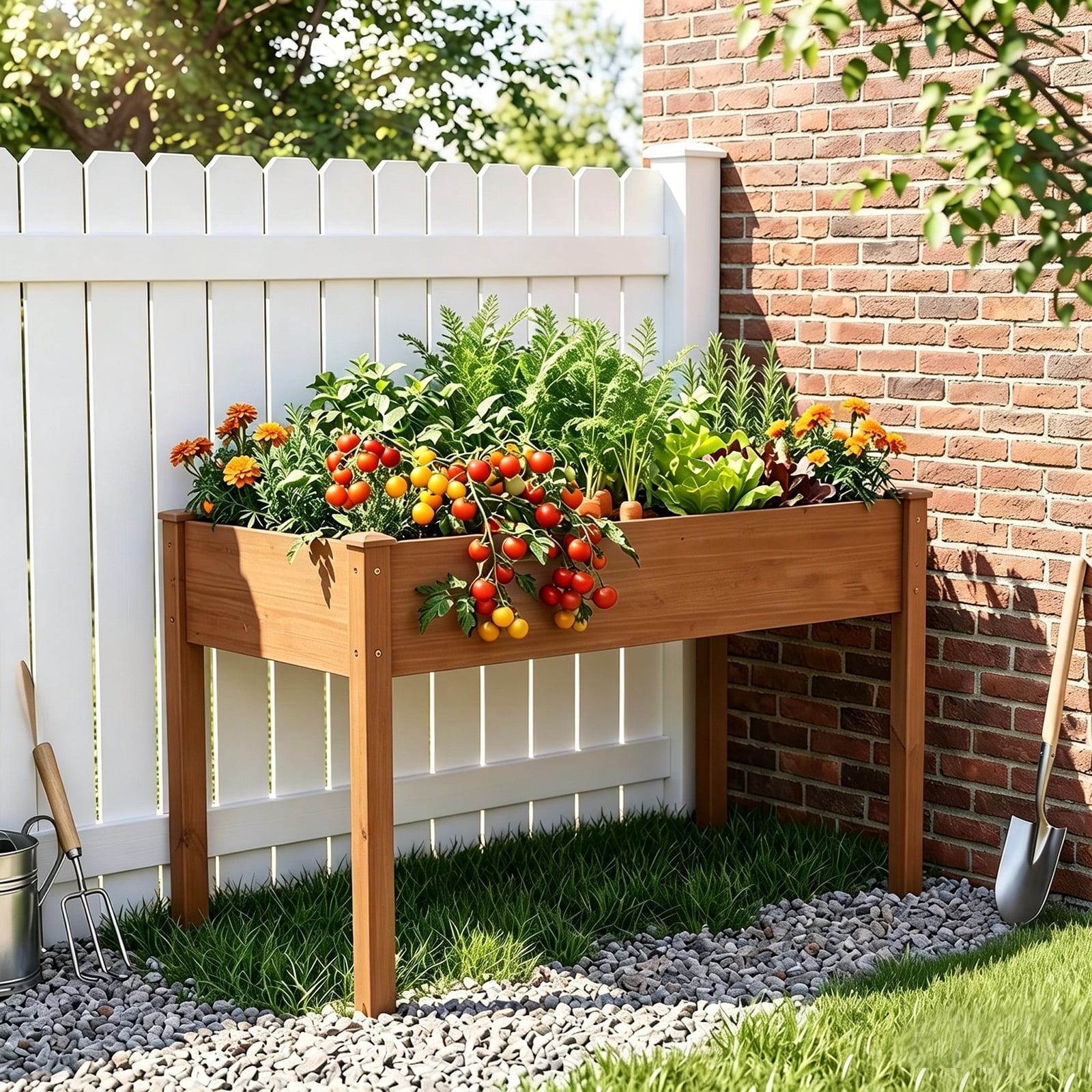 Atilioo Wooden Raised Garden Bed with Legs, 48x24x30 Inch Elevated Reinforced Planter Box for Backyard, Patio, Balcony w/ Liner, Brown
