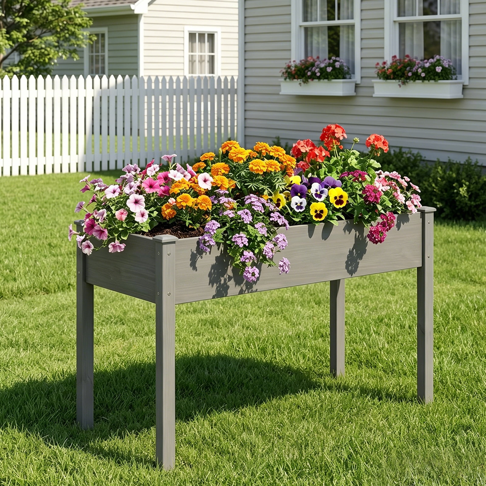 Atilioo Wooden Raised Garden Bed with Legs, 48x24x30 Inch Elevated Reinforced Planter Box for Backyard, Patio, Balcony w/ Liner, Gray