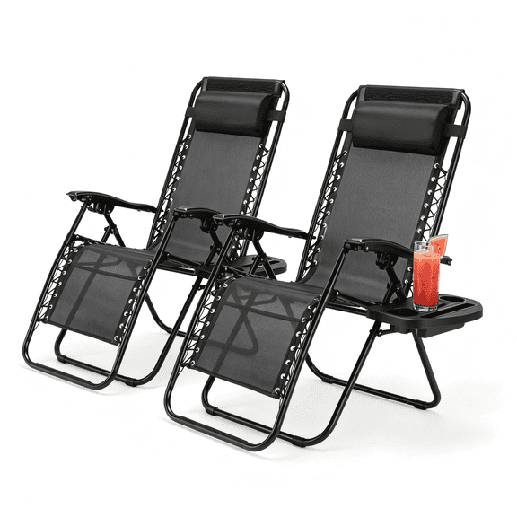 Atilioo Zero Gravity Chairs Set of 2, Outdoor Folding Lounge Chair with Cup Holder Trays & Pillow, Portable Patio Recliner for Beach Camping Poolside Backyard Garden, Black