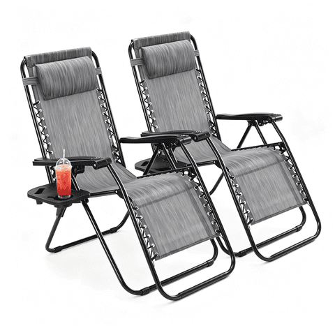 Atilioo Zero Gravity Chairs Set of 2, Outdoor Folding Lounge Chair with Cup Holder Trays & Pillow, Portable Patio Recliner for Beach Camping Poolside Backyard Garden, Gray