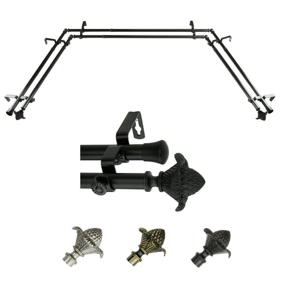 Atilla 13/16" Double Bay Window curtain rod Adjustable 20"-36", 38"-72" - Black,(ABay-40-2D)