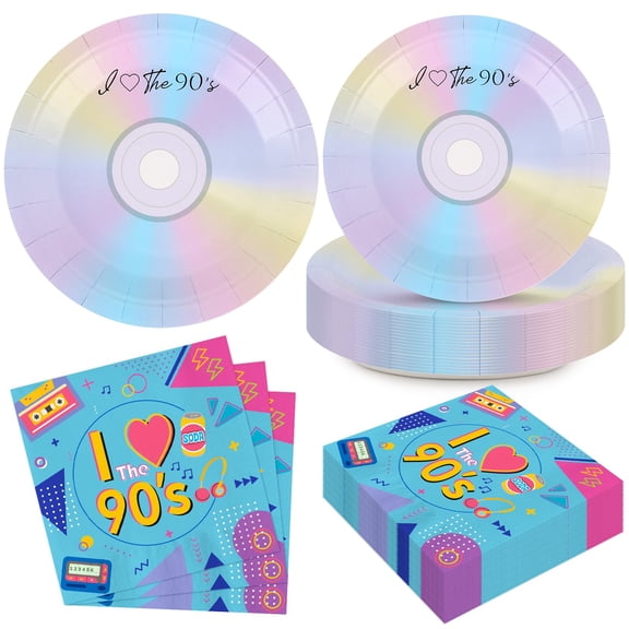 Atiloy 50Pcs 90's Party Paper Plates AFN1and Napkins Retro 90's Mix CD Dessert Plates 1990 Theme Decoration I Love The 90s Tableware Set Back to The 90s Birthday Party Favor Supplies, Serves 25