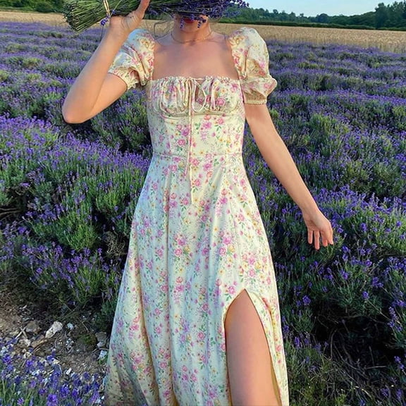 Atinetok Formal Dresses for Women Beach Cute Puff Sleeve Tie Front Empire Waist Slit Swing Long Sundress Short Sleeve Square Neck Floral Print 2023 Summer Maxi Dress Yellow l